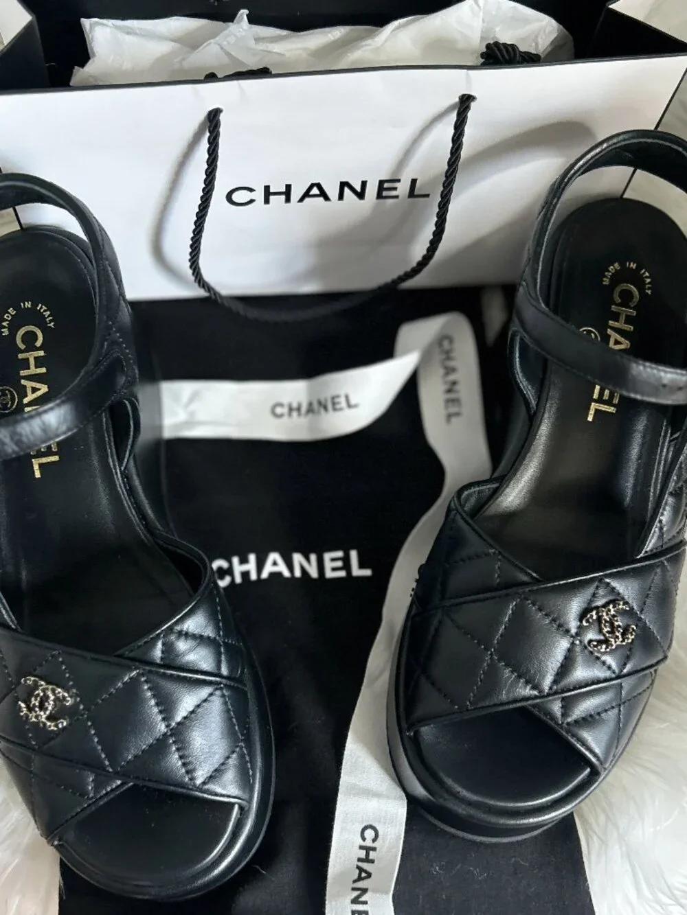 CHANEL Size 37.5 (7.5) Lambskin Wedge Heel Sandals